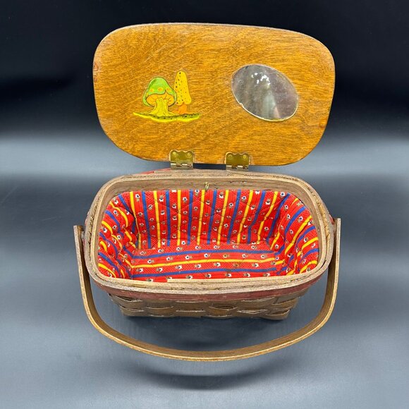 Vintage Basket Purse Frog Mushroom 1970s Decoupage Handbag Kitschy Top Handle - Picture 6 of 16